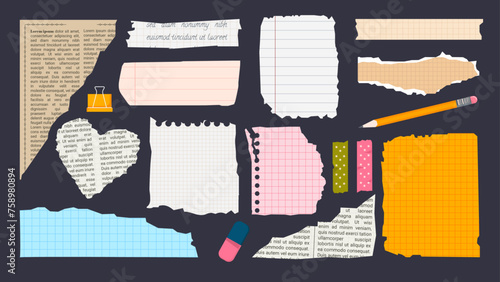 Ripped paper notes and strips. Notebook page scraps. Sticky tape, eraser, clip and pencil and other school stationery. Ripped sheets of paper with torn edges. Vector scrapbooking elements. 