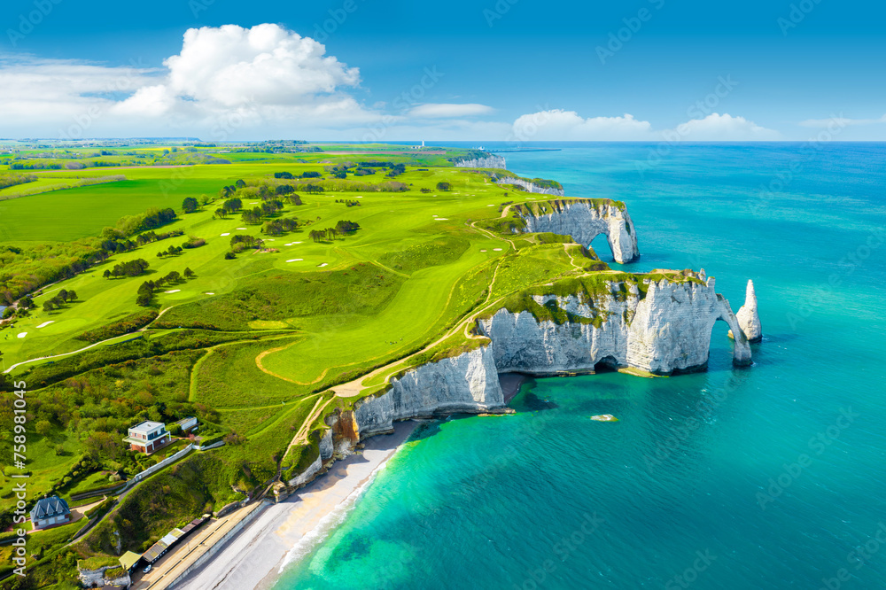 Aerial view of the beautiful cliffs of Etretat. Normandy, France, La Manche or English Channel