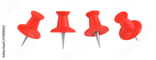 Red pin 3d icons set, push pin isolated on white background. 3D rendering