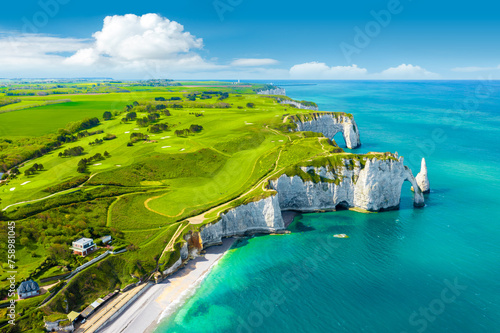 Aerial view of the beautiful cliffs of Etretat. Normandy, France, La Manche or English Channel