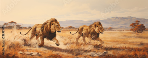 Wild lions running fast. © Michal