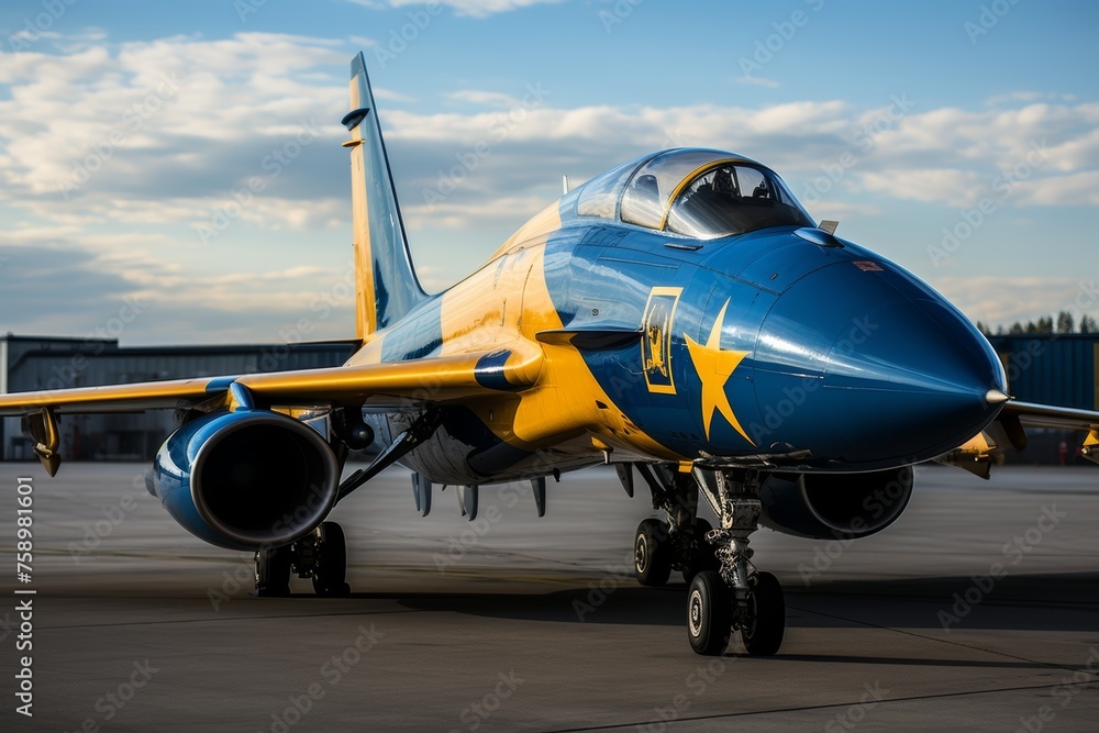 Fototapeta premium image of a low-flying Su-27 fighter, the plane is patrolling the border
