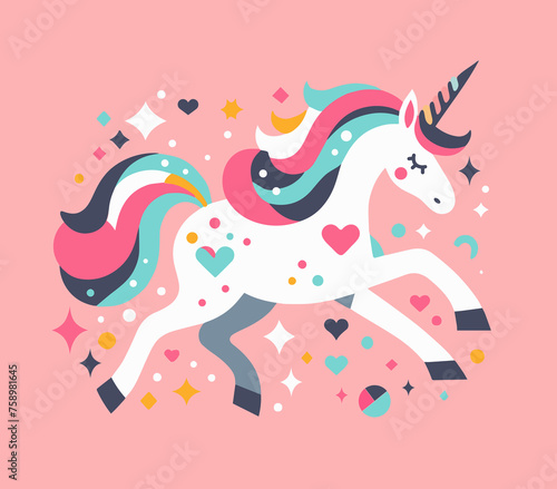 Illustration of a cute unicorn jumping surownded of hearts and stras photo