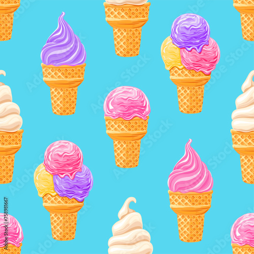 color fruits ice cream seamless pattern on blue background	

