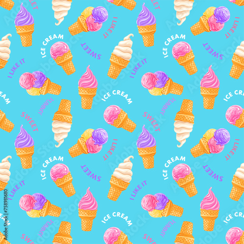 color fruits ice cream seamless pattern on blue background	