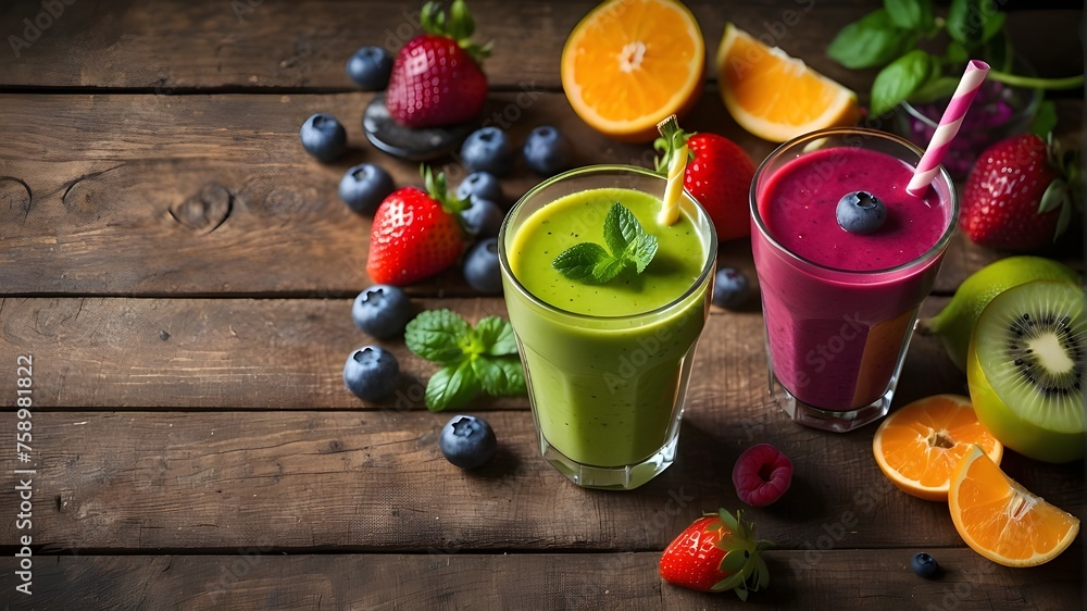 Vibrant Smoothies and Fresh Ingredients in Glasses Against a Charming Background, Rustic Backdrop Hosting a Colorful Array of Delicious Smoothies and Ingredients, Variety of Vibrant Smoothies Vibrant Smoothies and Fresh Ingredients in Glasses Against a Charming Background, Rustic Backdrop Hosting a Colorful Array of Delicious Smoothies and Ingredients, Variety of Vibrant Smoothies