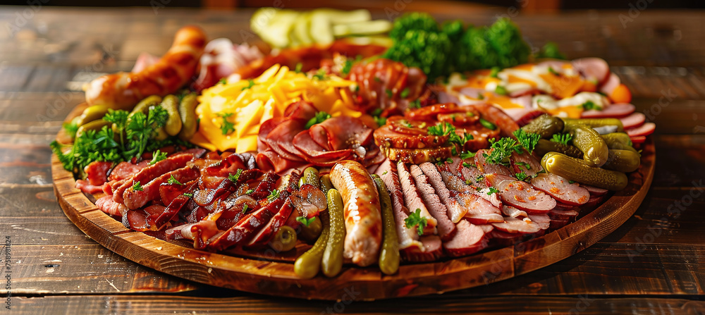 Wooden platter with a variety of delicious meats, including sausage and chicken. The plate also includes green peppers, pickles, cheese and slices of ham.