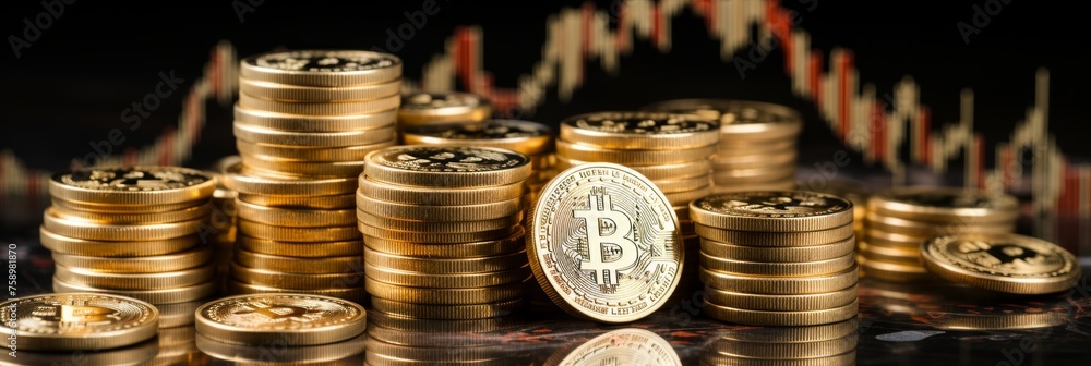 Bitcoin golden coins on chart for blockchain technology and mining concept in cryptocurrency market Bitcoin golden coins on chart for blockchain technology and mining concept in cryptocurrency market