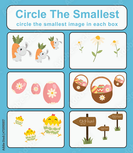 Circle the smallest worksheet. Learning about comparison. Printable activity page for kids. Educational children game. 