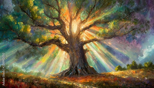 Sun rays bursting on a large old oak tree