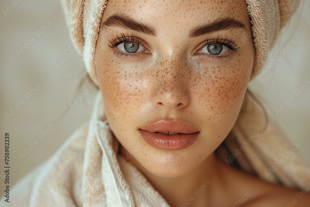 Natural Beauty Portrait of a Freckled Woman with Towel Turban Natural Beauty Portrait of a Freckled Woman with Towel Turban