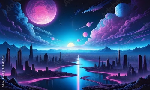 A futuristic landscape with a large blue planet and multiple moons in the sky