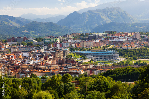 Top view of Oviedo and the mountains in the haze. Oviedo, Asturias, Spain.