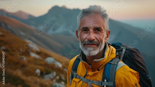 The portrait depicts an experienced climber, an adult man with excellent physical shape, ready for the difficult challenges of mountain peaks.