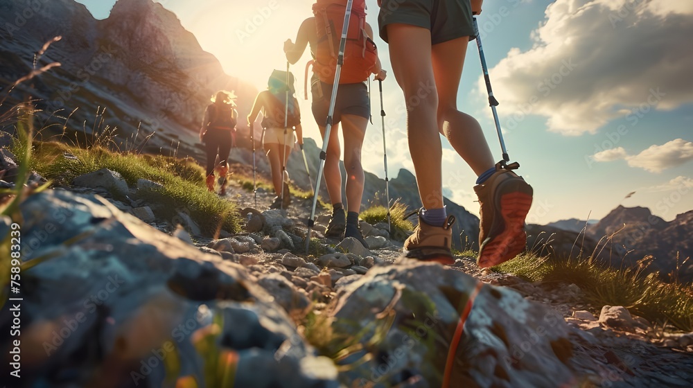 Obraz premium A group of tourists carefully examines the mountain trails, discovering the splendor of the surrounding nature at every step.