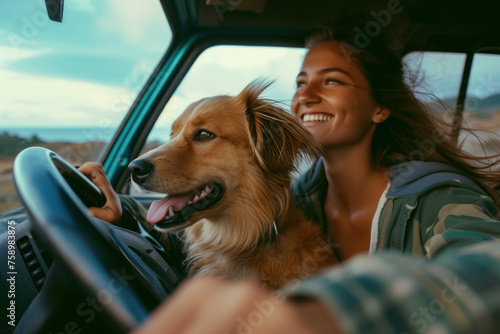 Woman driving with her dog in the back seat of a car against the backdrop of the ocean