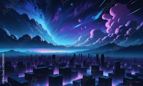 Futuristic city with tall spires under a large moon and starry night sky