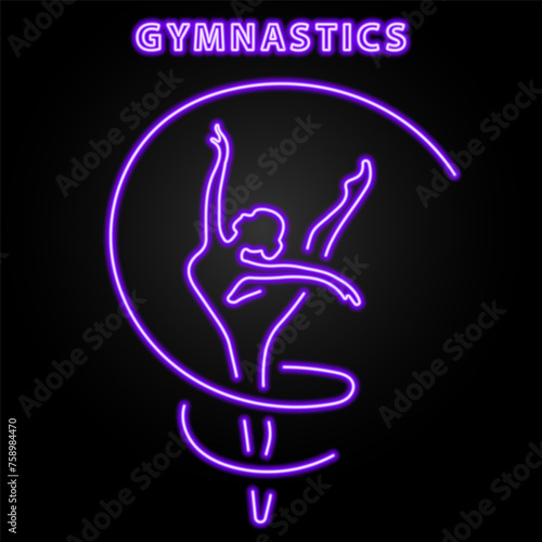 gymnastics neon sign, modern glowing banner design, colorful modern design trend on black background. Vector illustration.