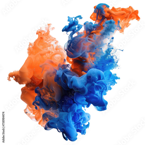 3D volumetric explosion blot of blue orange paint in air or liquid water, png file of isolated cutout object on transparent background