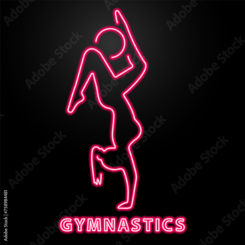 gymnastics neon sign, modern glowing banner design, colorful modern design trend on black background. Vector illustration.