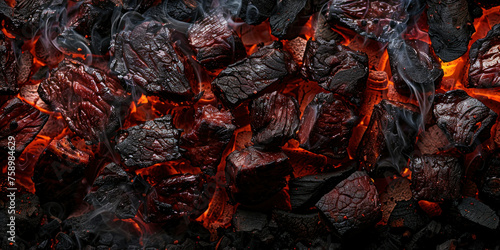 Burning coal emitting red and black smoke in a close up view, industrial pollution concept