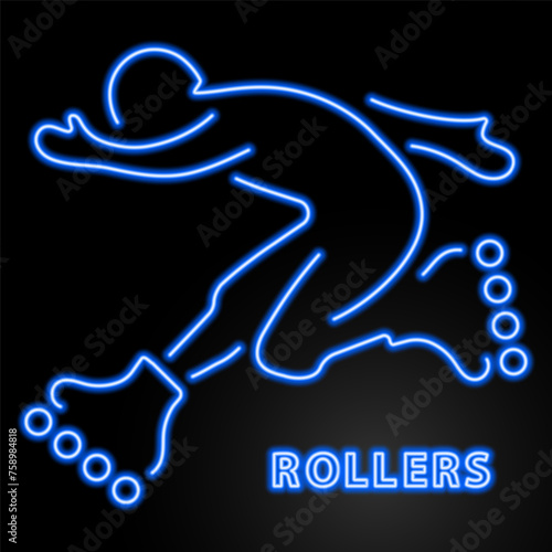 rollers neon sign, modern glowing banner design, colorful modern design trend on black background. Vector illustration.