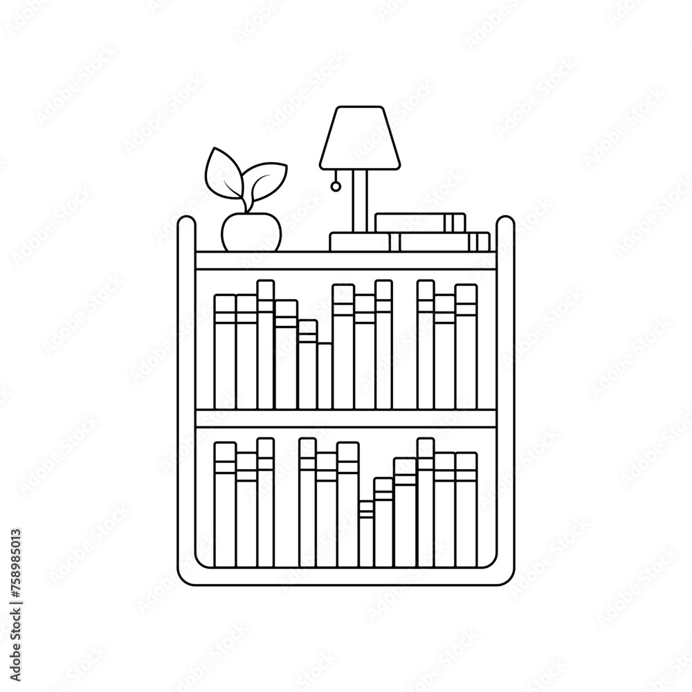 Obraz premium Bookshelf vector. Library vector icon. Cabinet for storing books. Cozy shelves with books. Concept of the linear style of the interior of the library. Furniture shelves vector.