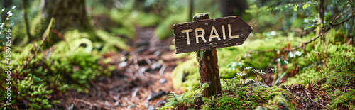 Wooden TRAIL sign in the forest. Navigation for tourists photo
