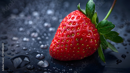 A ripe Virginia strawberry is displayed on a dark surface with glistening water droplets. This seedless fruit is a delicious and natural food ingredient