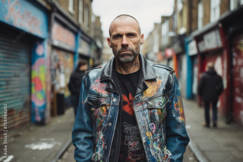 Portrait of a brutal bearded hipster man with tattoo on his arms, wearing a leather jacket and jeans.