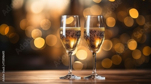 Champagne glasses on festive bokeh with space for text - elegant celebration concept