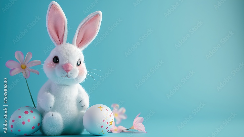 Banner with white toy rabbit and easter egg on blue background. Generative AI Banner with white toy rabbit and easter egg on blue background. Generative AI