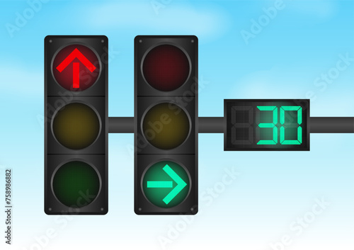 Traffic light with Countdown Timer against Blue Sky. Vector Illustration. 