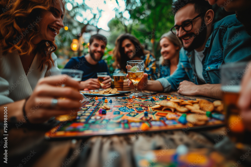A group of friends having a board game night with snacks and drinks. a group of people are sitting around a table playing a board game - obrazy, fototapety, plakaty 