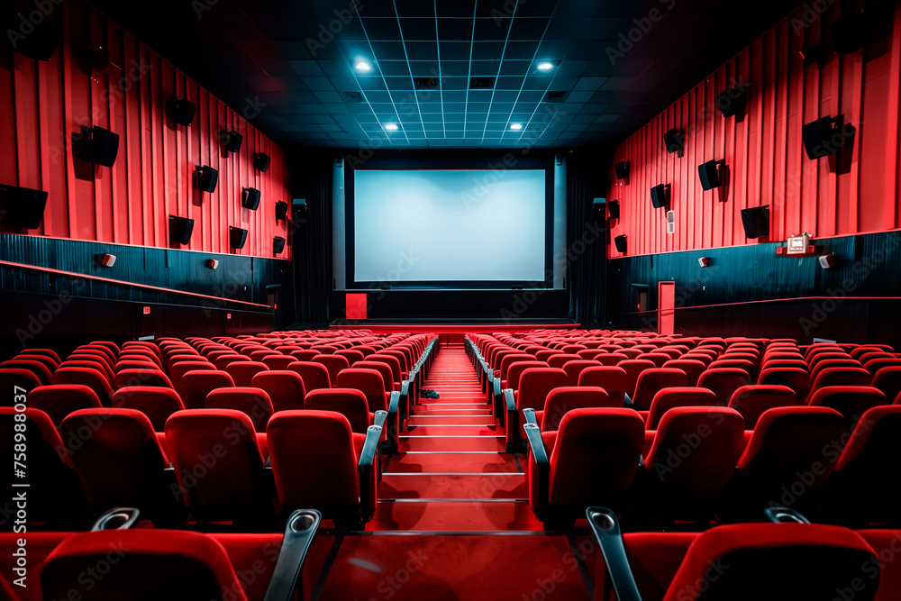 A movie theater with rows of empty seats and a big screen.An empty movie theater with red chairs, large screen, and dim lighting