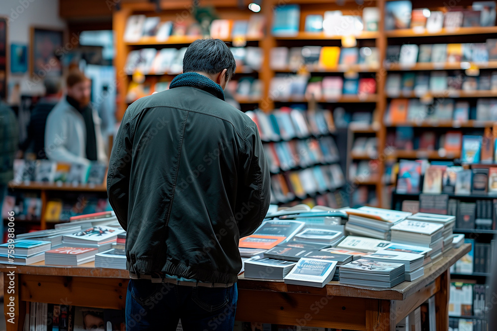 A person attending a book reading and signing event at a local bookstore. Customer browsing books on bookshelves at retail store A person attending a book reading and signing event at a local bookstore. Customer browsing books on bookshelves at retail store