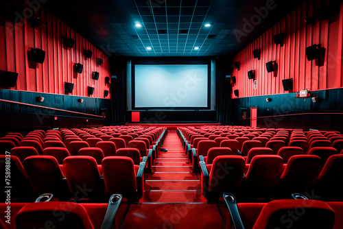 A movie theater with rows of empty seats and a big screen.An empty movie theater with red chairs, large screen, and dim lighting