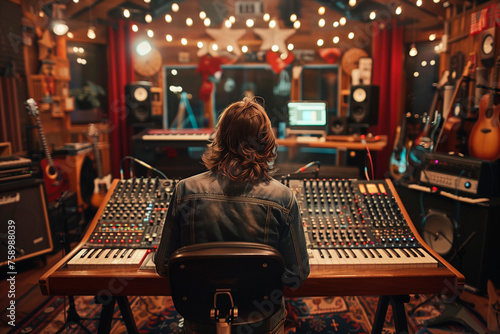 A musician recording music in a professional recording studio. Musician sitting in front of mixer in recording studio photo