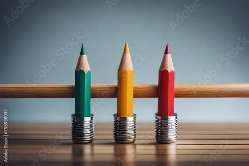 **A neat row of colorful sharpened pencils on a wooden desk