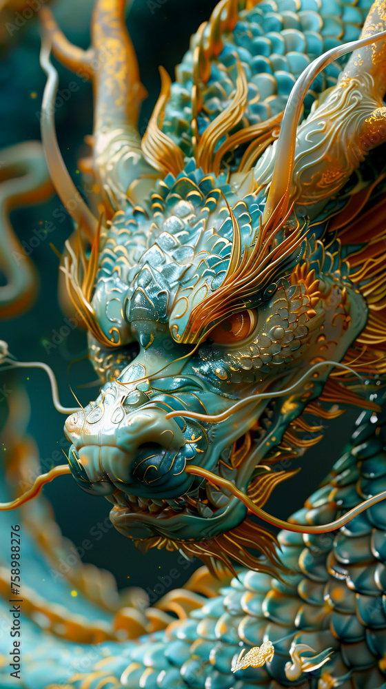 Obraz premium Golden Glow: Stunning 8K Realistic Image of Majestic Chinese Dragon in Turquoise Hue