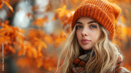 The autumn aura is palpable as a young woman in a beanie reflects amid vibrant foliage.