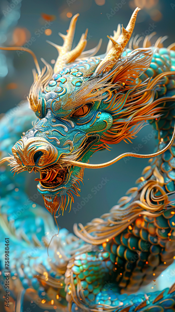 Fototapeta premium Turquoise Majesty: A Golden-Lit 8K Realistic Chinese Dragon in Exquisite Detail