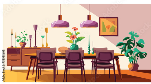Mid century style dining room interior in brown bright