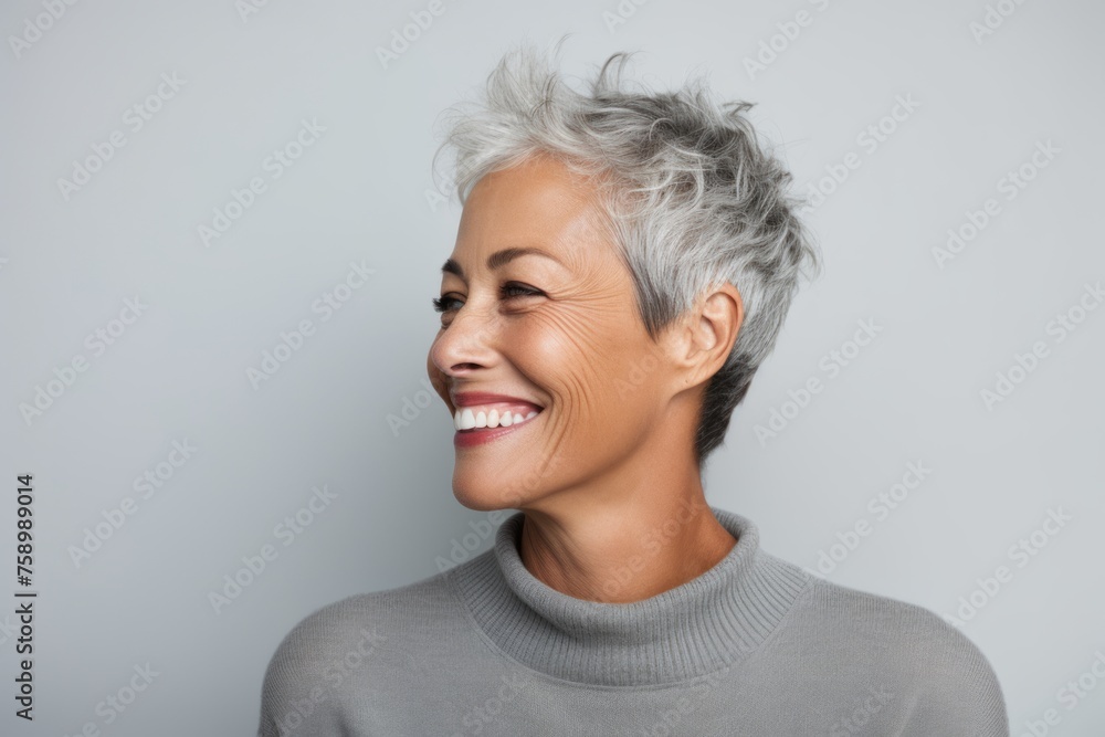 Portrait of a smiling senior woman with grey hair against grey background Portrait of a smiling senior woman with grey hair against grey background