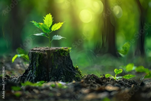 Green Plant Growing Out of Tree Stump photo