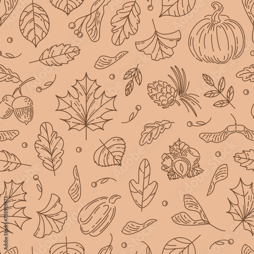 Hello, Autumn. Seamless pattern from nuts and seeds. Acorns with leaves, cedar cone, linden seeds, hazelnuts, maple lionfish seeds. doodle style. wallpaper, printing on fabric, wrapping, background © Любовь Кондратьева