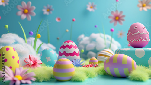 Easter Celebration with Eggs and Gifts in a Whimsical Meadow