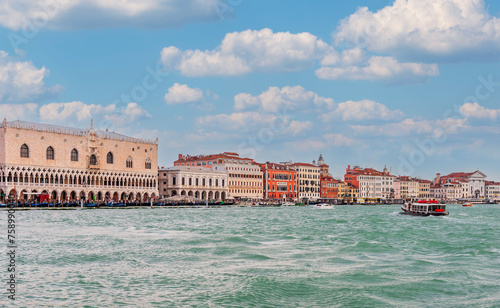 Facades of the Doge's Palace and the Riva degli Schiavoni of Venice in Veneto, Italy