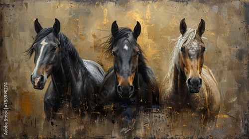 Artistic background with golden color brushstrokes on textured background. Oil on canvas. Modern Art. Horses, green, gray, wallpaper, posters, cards, murals, carpets, hangings, prints, etc.