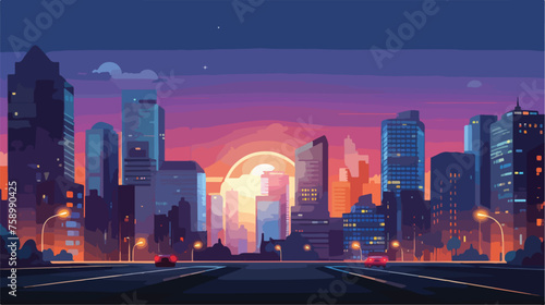 Night urban landscape. Street view with city scape